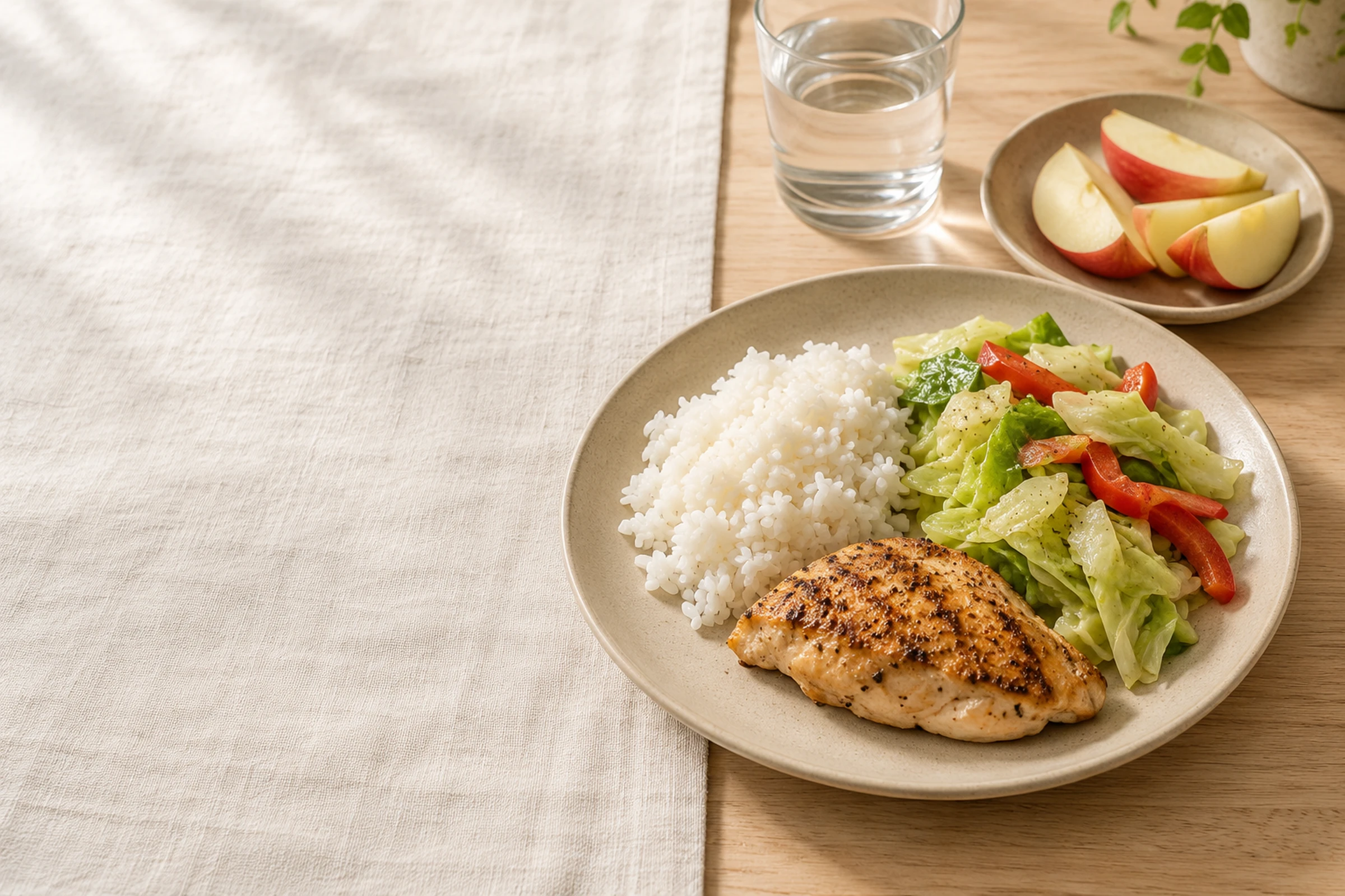 A plate of white rice, grilled chicken and cooked cabbage with red pepper, next to a glass of water and a small plate of apple slices